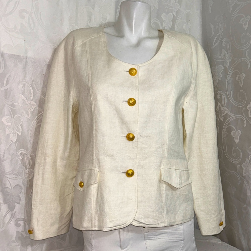 JH Collectibles Pure Linen Ecru White Golden Button Classic Vintage Blazer